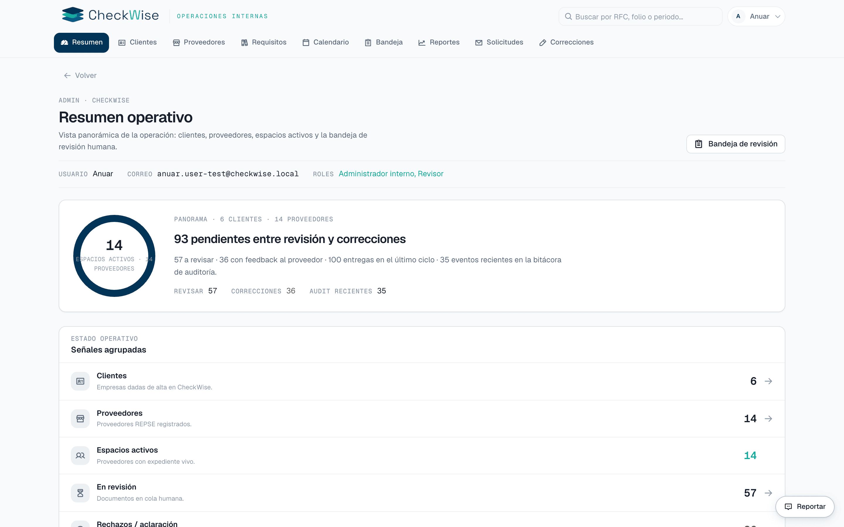 CheckWise internal operations overview with counts for clients, vendors, review queue, and audit events