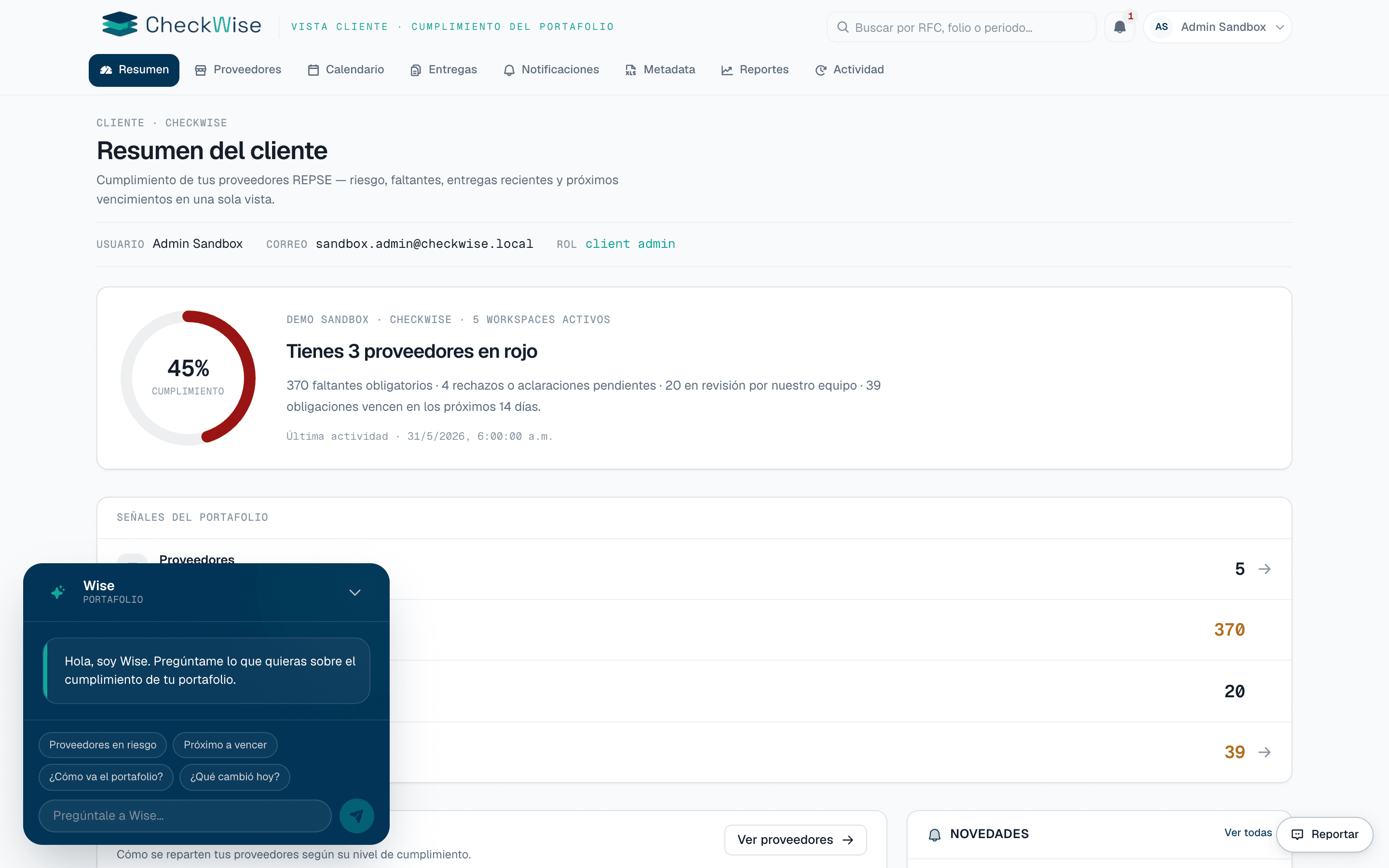 CheckWise client risk dashboard with compliance risk scoring