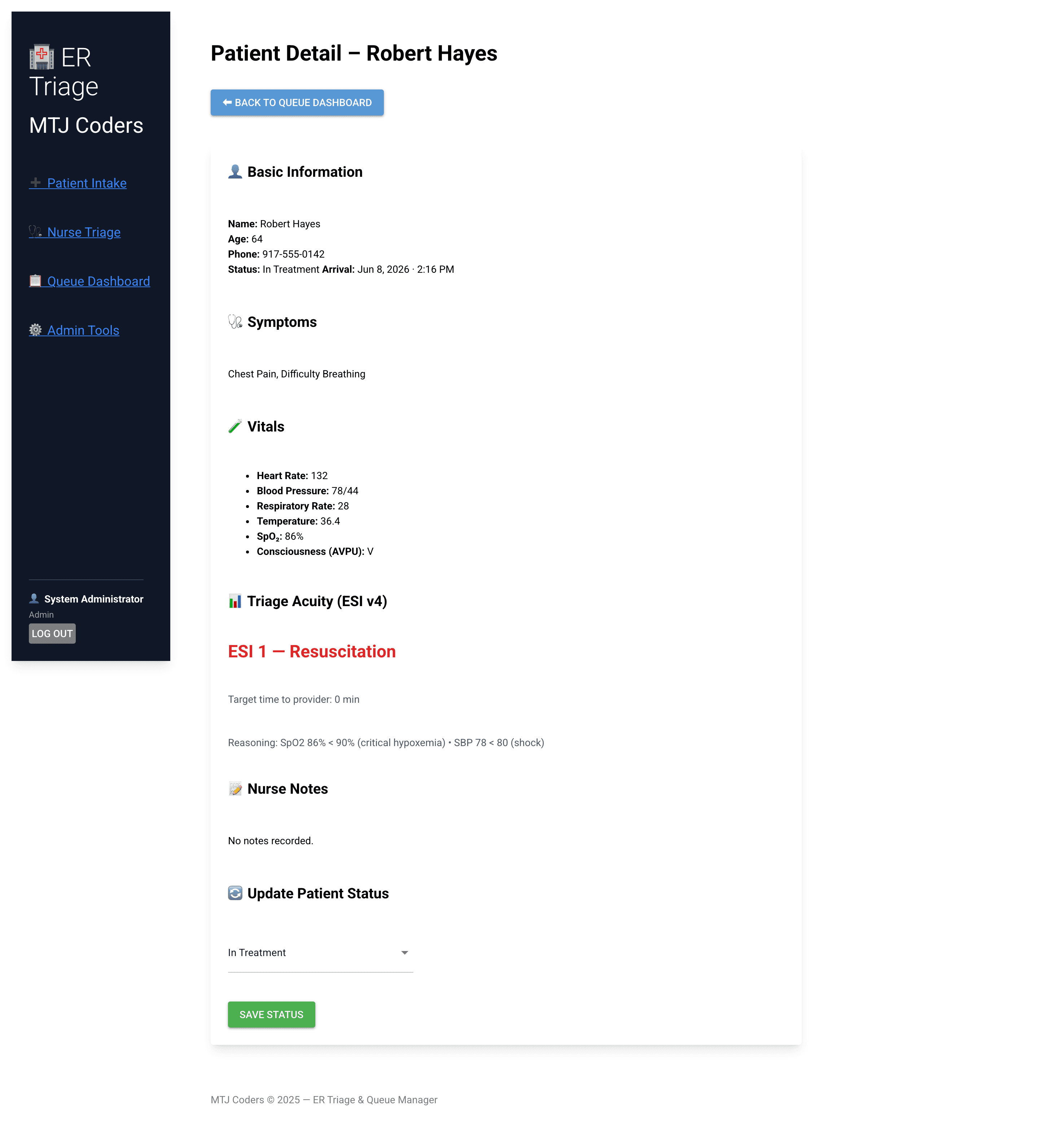 Patient detail showing ESI level and the clinical reasoning behind it