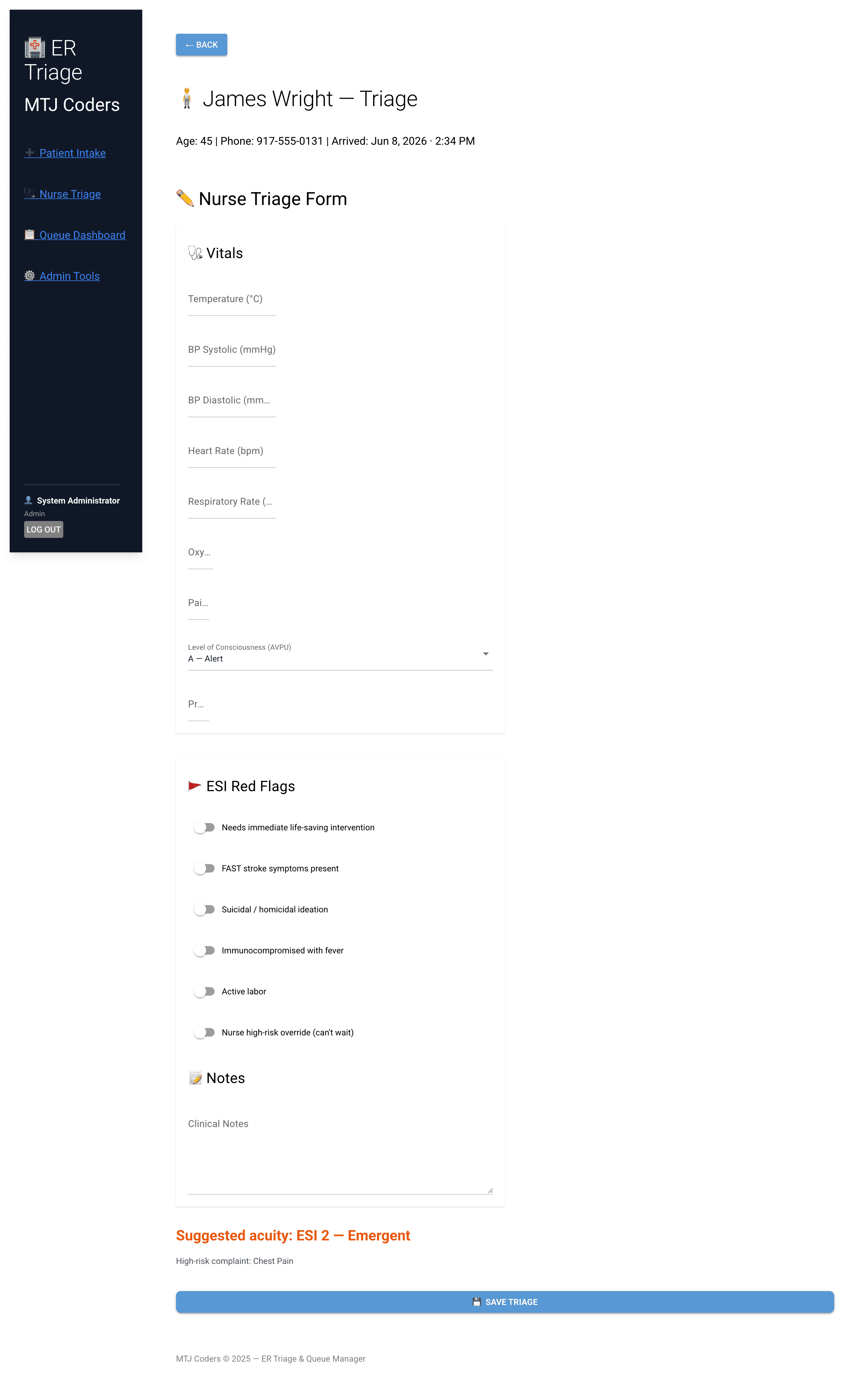 ER triage queue manager patient intake and triage form