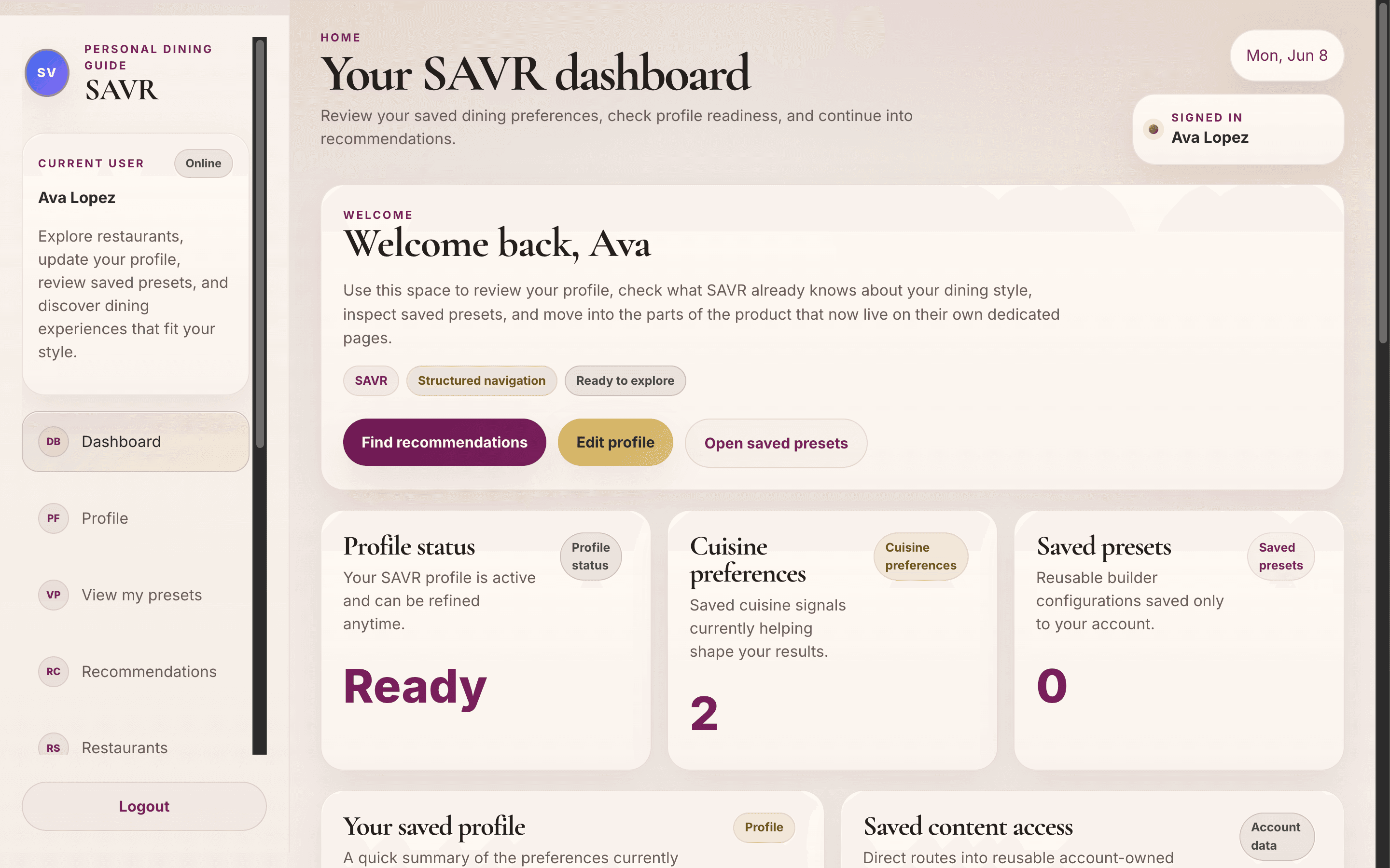 SAVR account dashboard showing profile readiness, saved cuisine signals, and saved presets