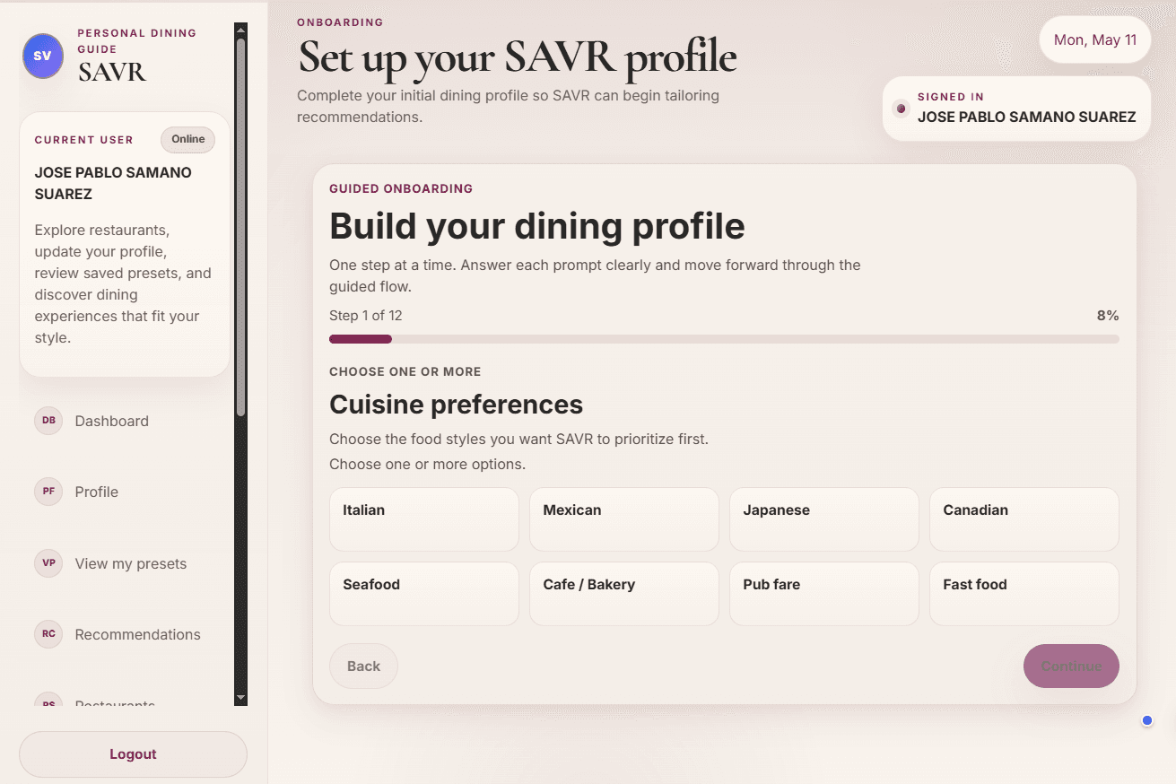 SAVR guided onboarding profile setup screenshot