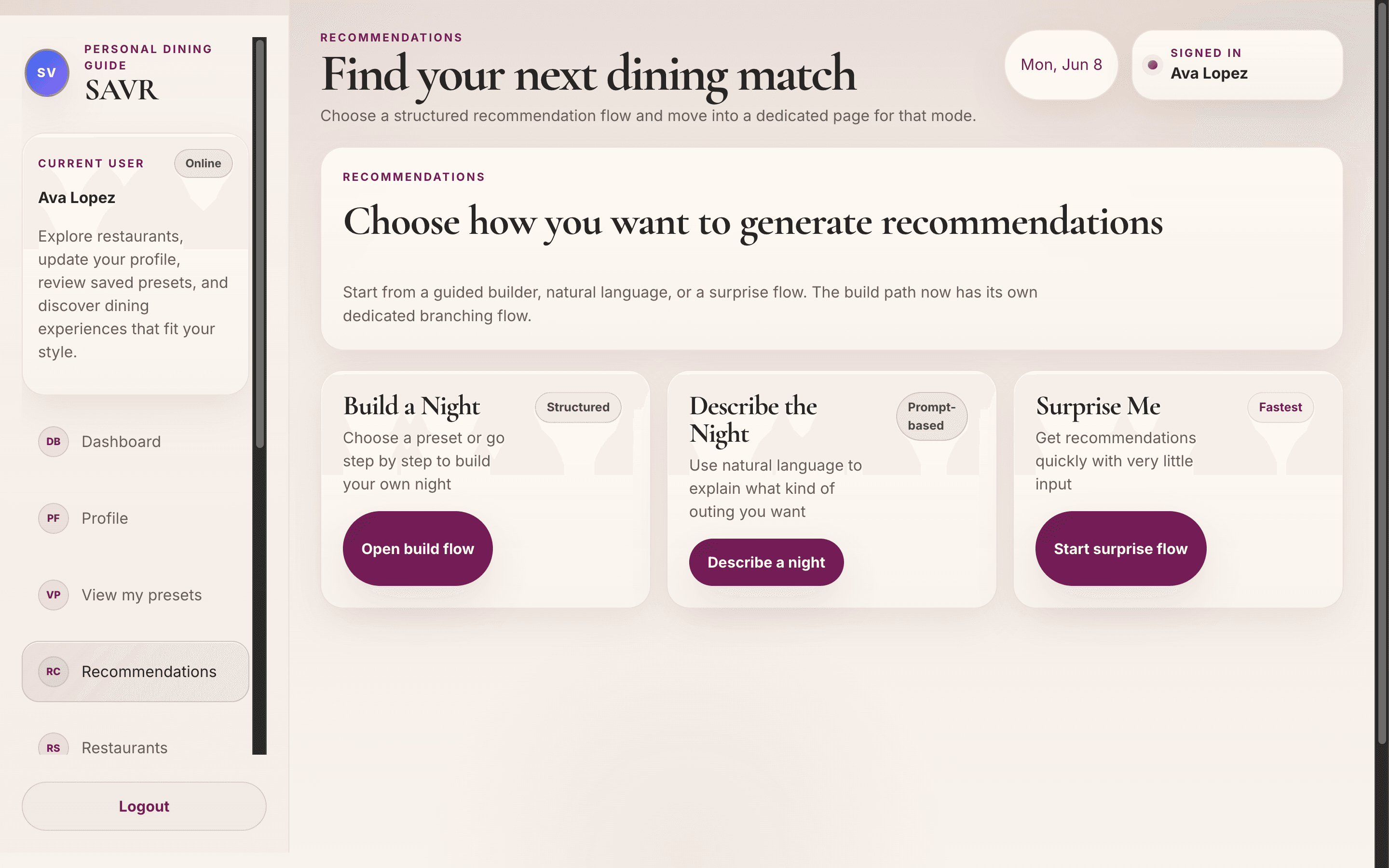 SAVR recommendation modes: Build Your Night, Describe Your Night, Surprise Me