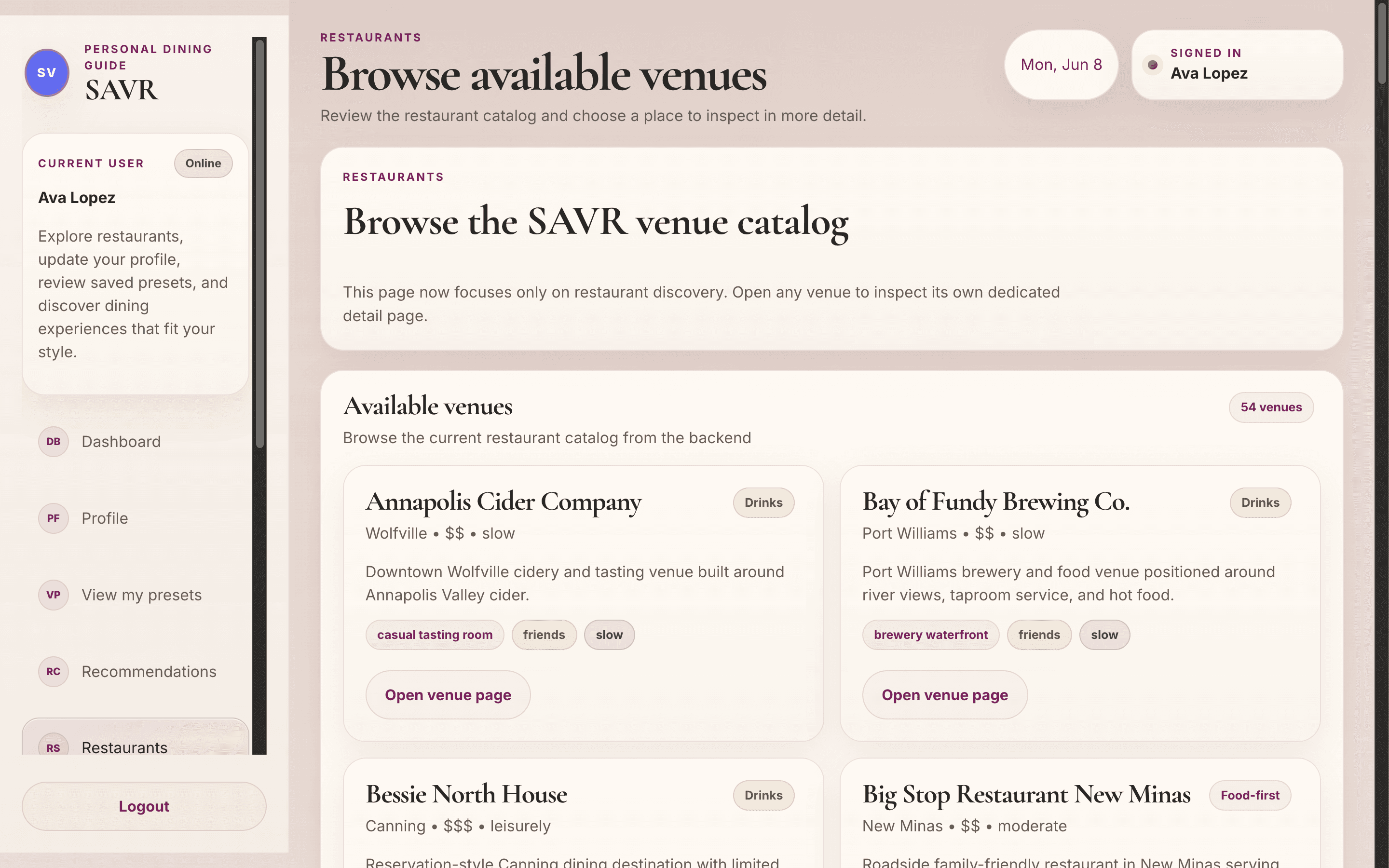 SAVR restaurant browsing screen with contextual filters