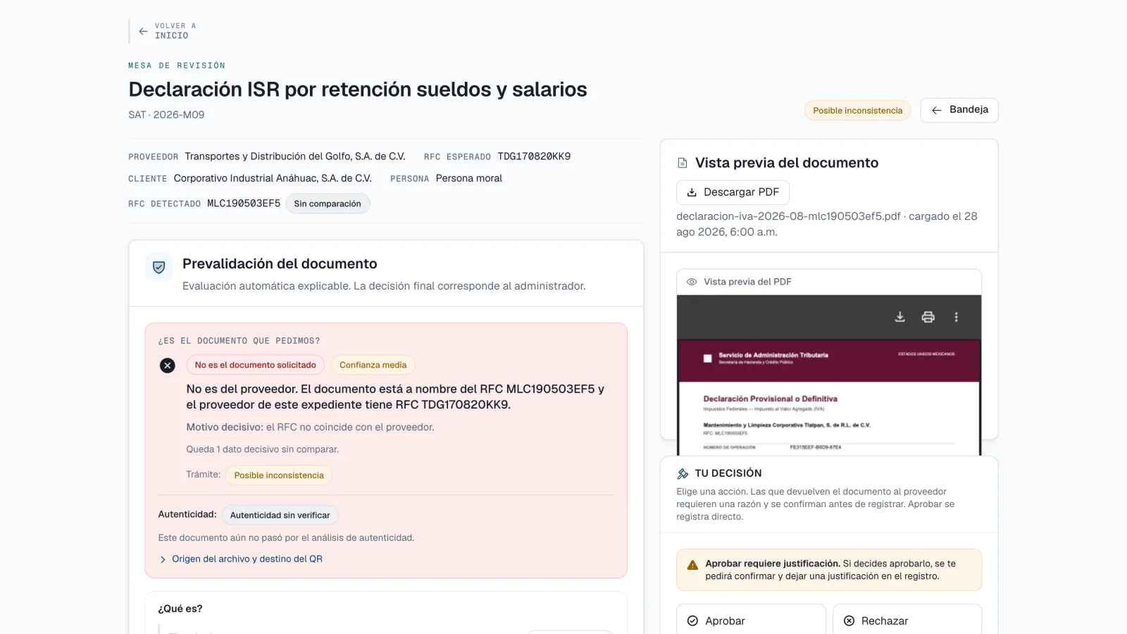 Reviewer desk with prevalidation and document preview