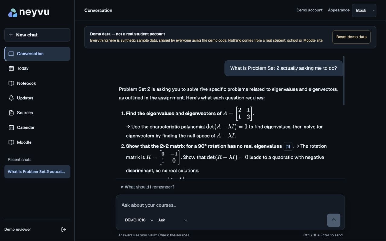 Neyvu course conversation, captured from the product with fictional demo data
