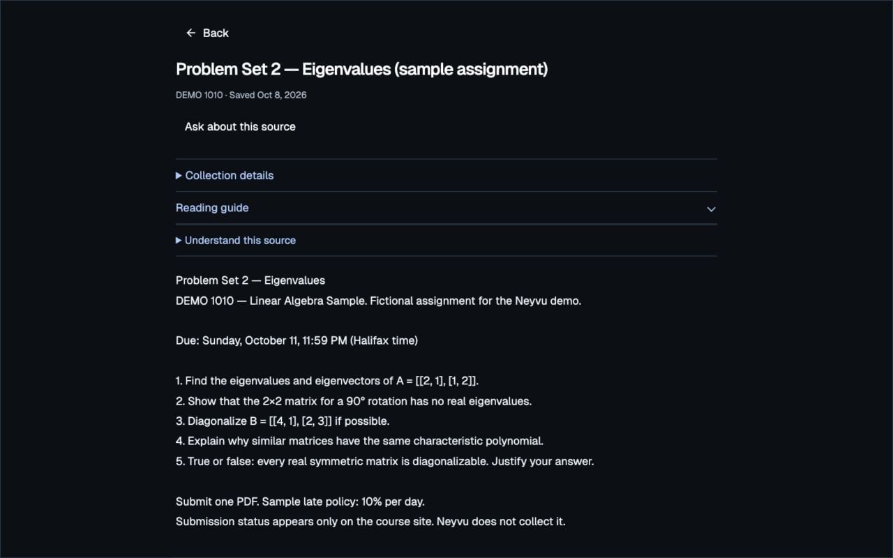 A saved fictional assignment in Neyvu's source reader