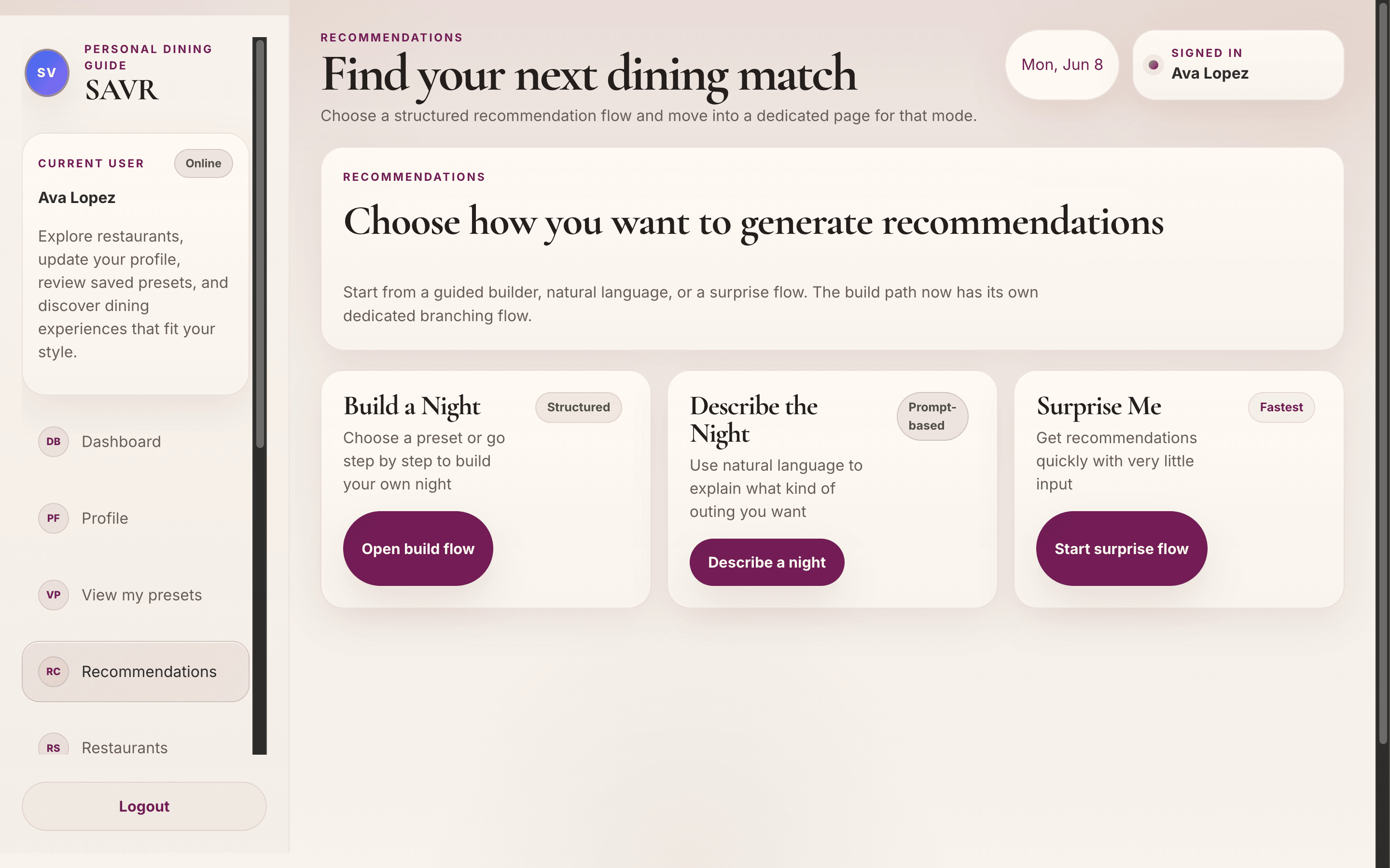SAVR recommendation modes