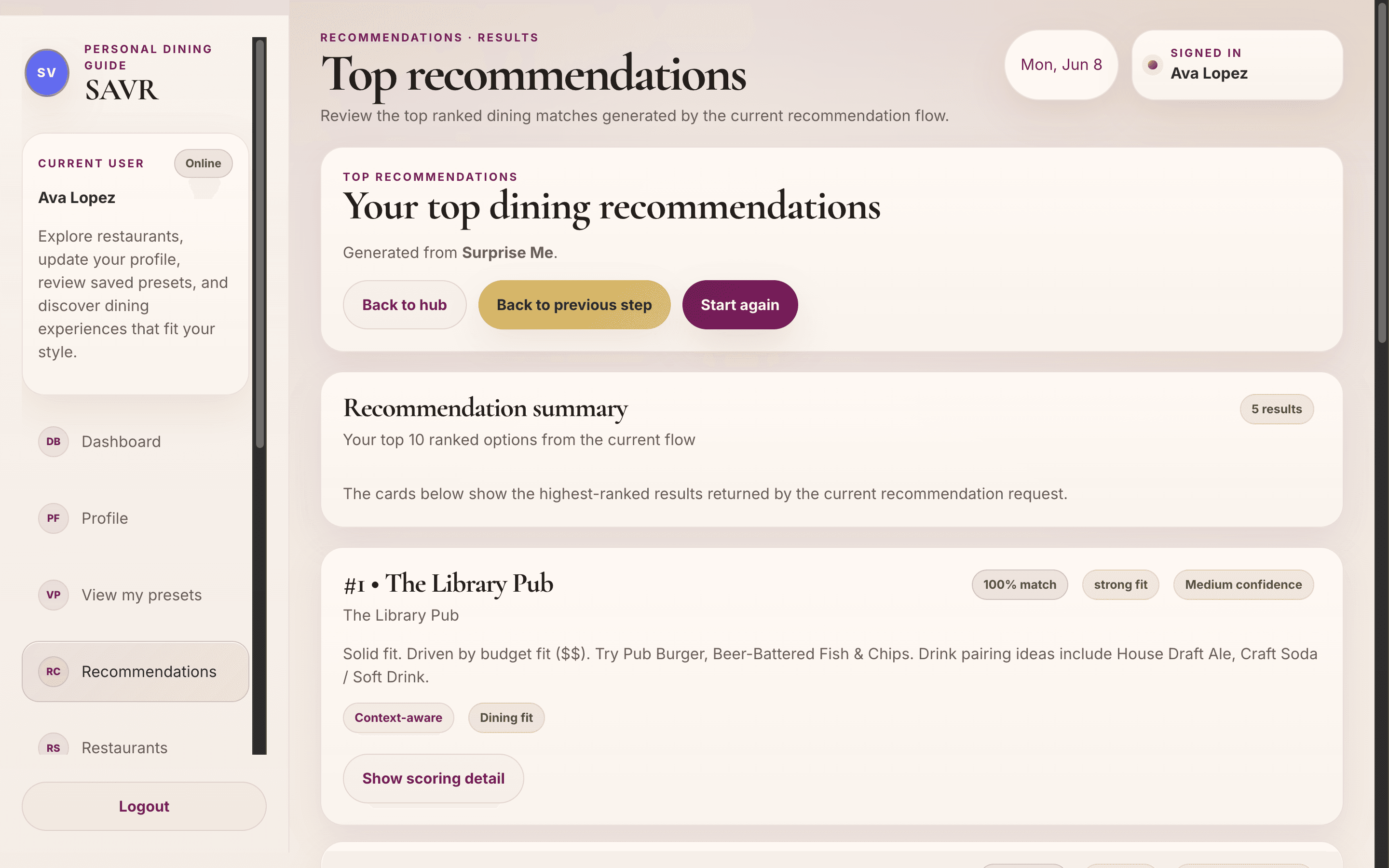 SAVR ranked dining recommendations with suggested dishes and drink pairings