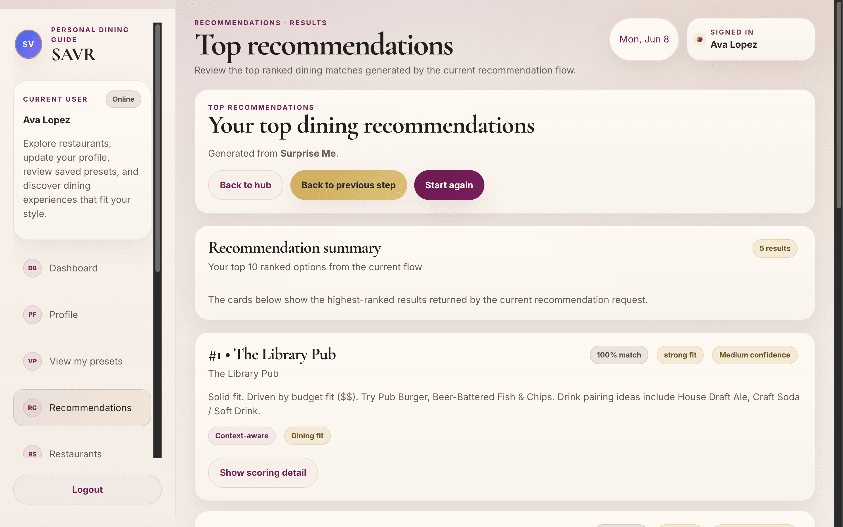 SAVR ranked recommendations