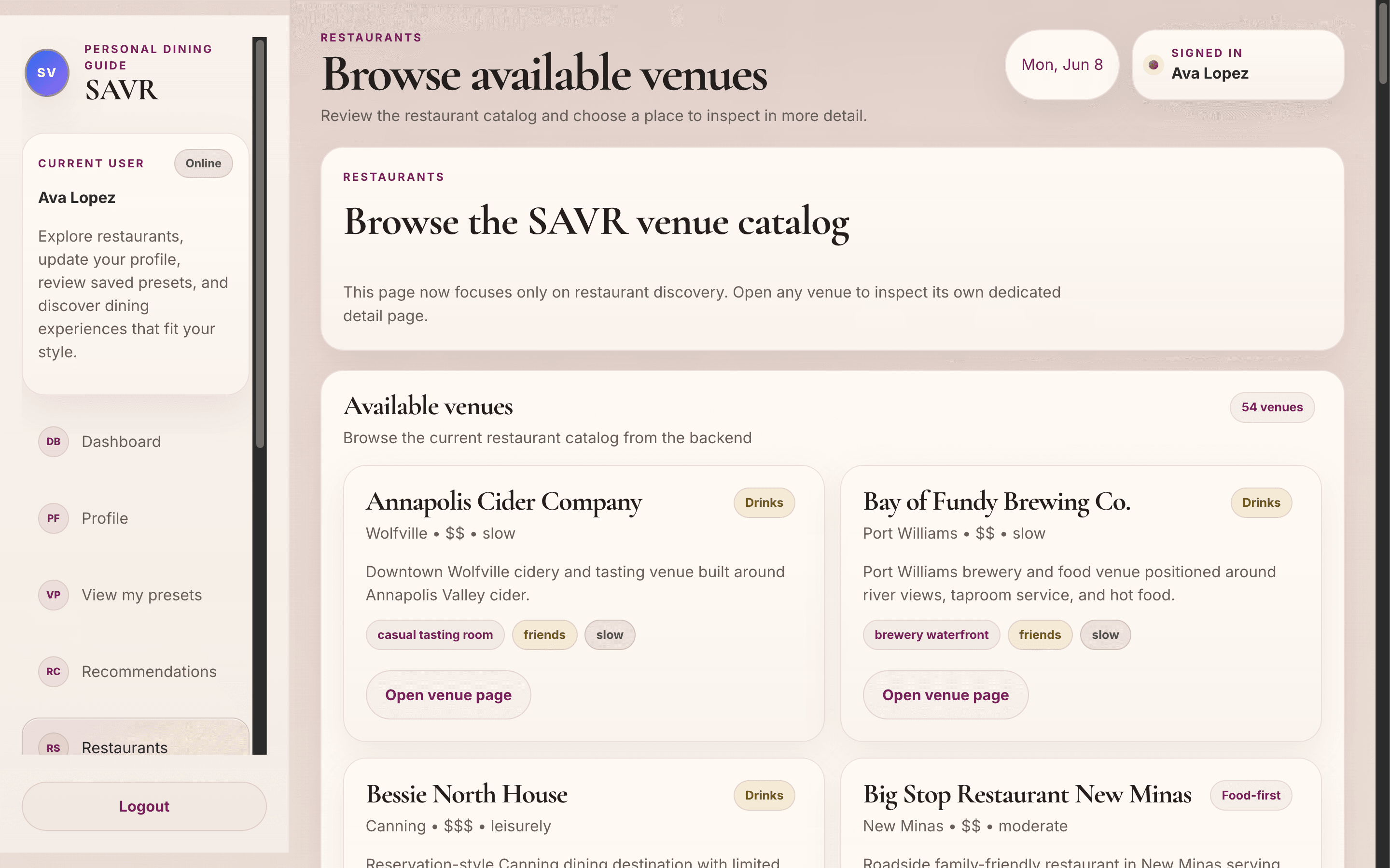 SAVR restaurant catalog